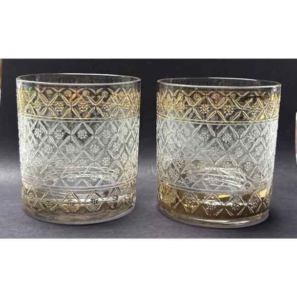 Vtg Lot of 2 Culver Glass Scintilla Village Old Fashioned Glass Rocks Gold As Is - Picture 1 of 12